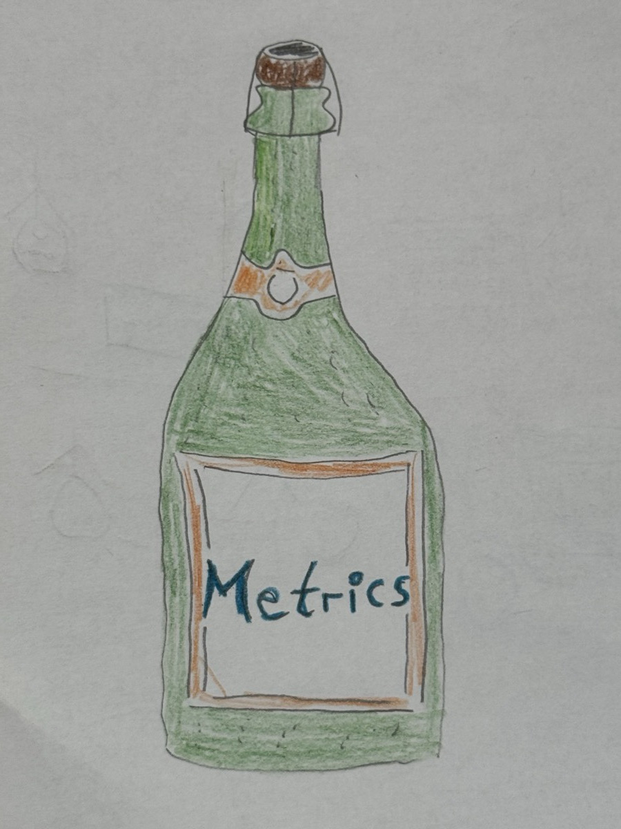 A hand-drawn green champagne bottle, its label reading Metrics.